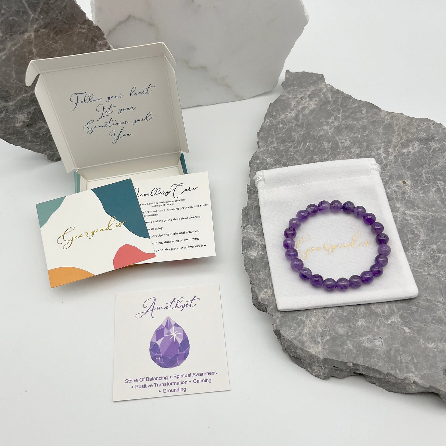 { Georgiadis } - Stunning 8mm Amethyst Gemstone Bracelet, Calming, Promotes Spiritual Awareness, Colour Therapy Purple, Birthstone February, Gift, Love, Bracelet for Women